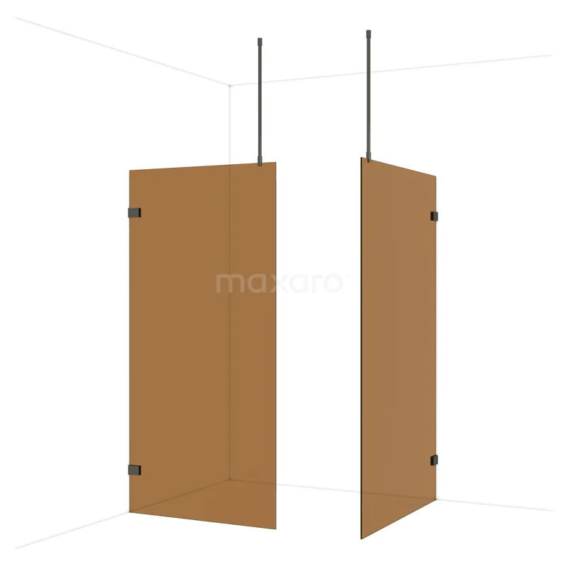 Diamond Walk-in shower | 120x100 cm Black chrome Bronze glass 2 fixed walls IDB1012929BC Brown glass shower wall with metal supports, contemporary bathroom design, suitable for modern interior styles.