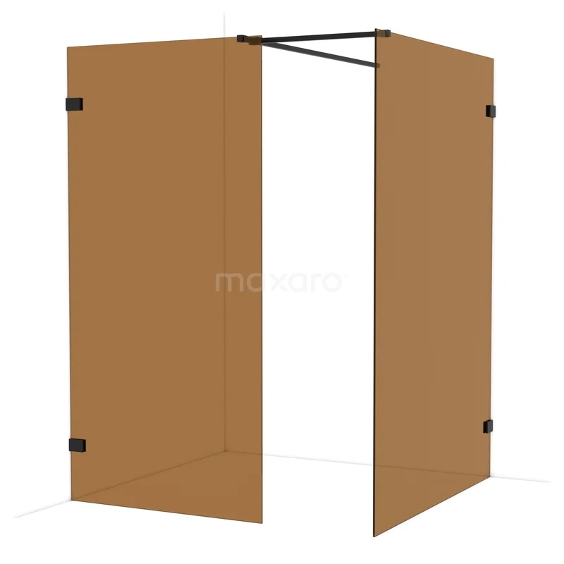 Diamond Walk-in shower | 140x100 cm Matte black Bronsglas 2 fixed walls IDB1014529MB Bruine douchecabine met hoekinstap, minimalistisch design en zwarte accenten, ideaal voor een moderne badkamerstijl.