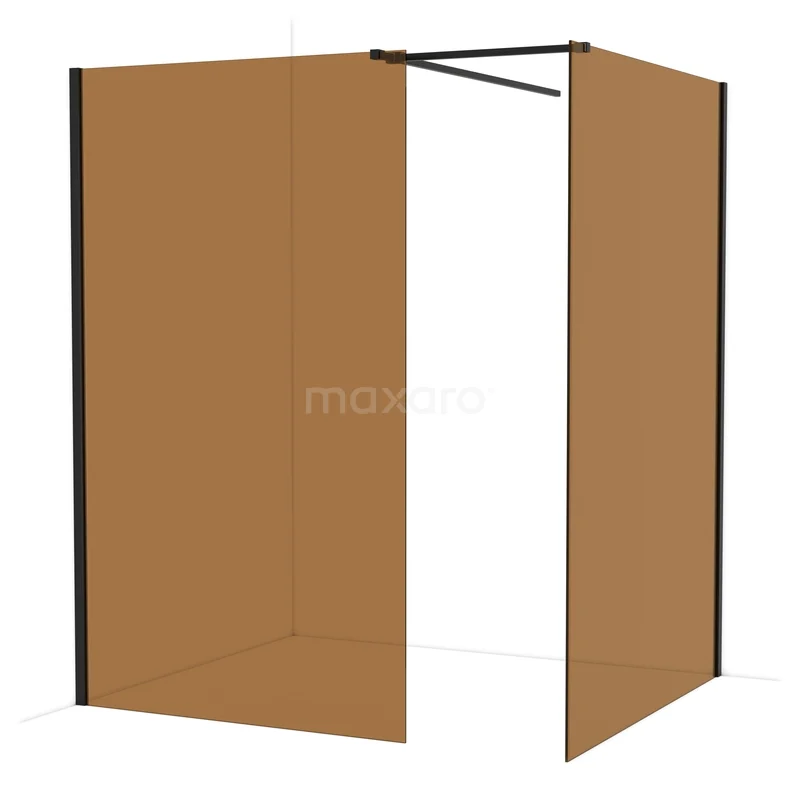 Diamond Walk-in shower | 140x120 cm Matte black Bronze glass 2 fixed walls IDB1214519MB Luxury walk-in shower with matte gold glass walls and black profiles, perfect for a stylish bathroom.