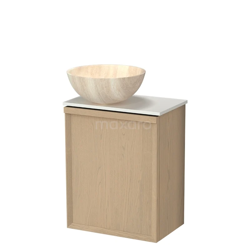 Modulo Plus Pico Toiletmeubel met waskom | 41 cm Naturel eik Facet front Travertin Natuursteen waskom TMK10-18014 Houten badkamermeubel met lichte wastafelkom, compact design en steenblad, ideaal voor een moderne badkamer.