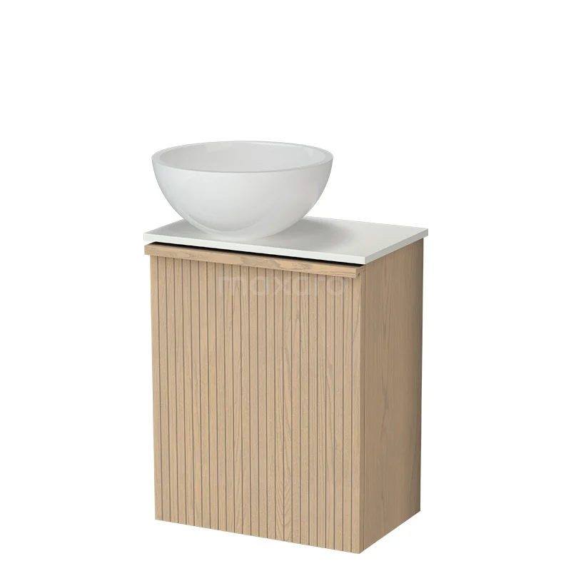 Modulo Plus Pico Toiletmeubel met waskom | 41 cm Naturel eik Ribbel front Hoogglans wit Mineraalmarmer waskom TMK10-18036 Houten badkamerkast met ribbelpatroon, witte wastafelkom en marmeren blad, ideaal voor een stijlvolle en moderne badkamer.