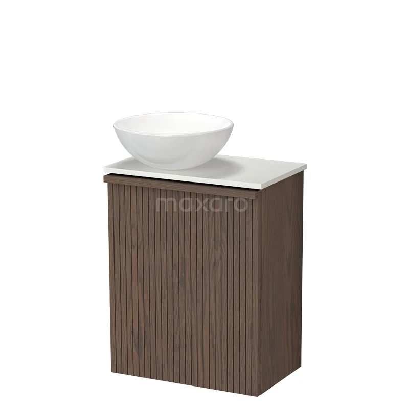 Modulo Plus Pico Toiletmeubel met waskom | 41 cm Cacao eik Ribbel front Hoogglans wit Keramiek waskom TMK10-18110 Houten badkamermeubel met verticaal lijnpatroon, witte waskom en marmeren blad, ideaal voor moderne badkamerstijl.