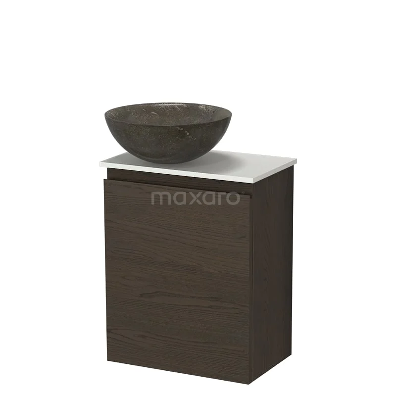 Modulo Plus Pico Toiletmeubel met waskom | 41 cm Espresso eik Greeploos front Blue Stone Natuursteen waskom TMK10-18237 Donkerhouten wastafelmeubel met een witte bovenkant en een ronde, grijze waskom; stijlvol badkamerinterieur.