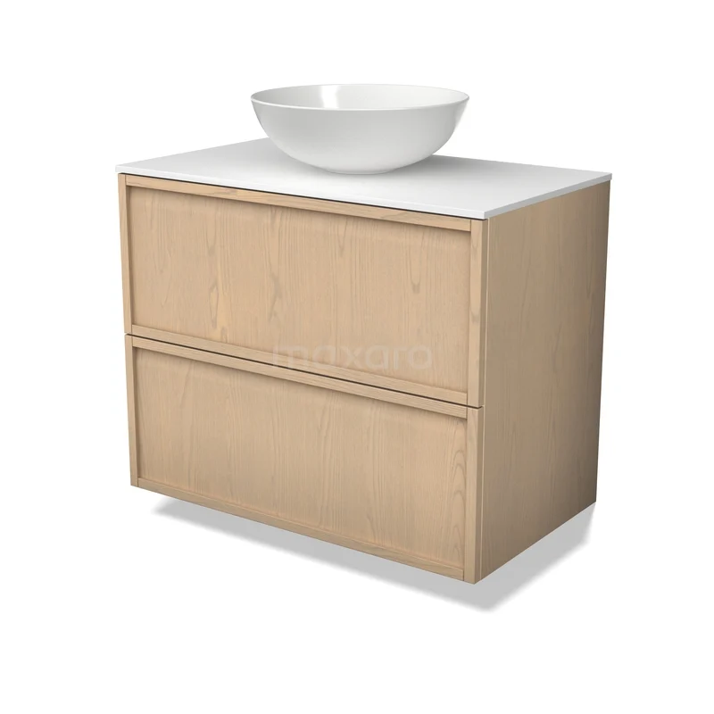 Waschtischunterschrank mit Konsole BMK47-00004 Holz Badezimmermöbel mit zwei Schubladen, weißem Waschbecken und klarem Design; ideal für einen modernen Badezimmer Stil.