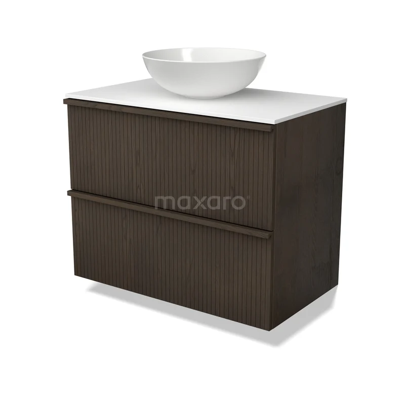 Modulo Plato Plus Vanity units for countertop basin | 80 cm Espresso oak Ribbing front Solid surface worktop 2 Stacked drawers BMK47-00032 Donker houten badkamermeubel met witte opzetwastafel, modern design en twee lades voor opbergruimte.