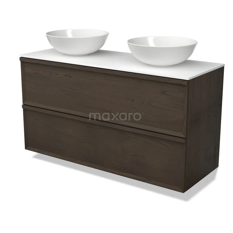 Modulo Plato Plus Vanity units for countertop basin | 120 cm Espresso oak Facet front Solid surface worktop 2 Stacked drawers BMK47-00043 Donkerhouten badkamermeubel met twee witte waskommen, modern ontwerp, ideaal voor stijlvolle badkamerinrichting.