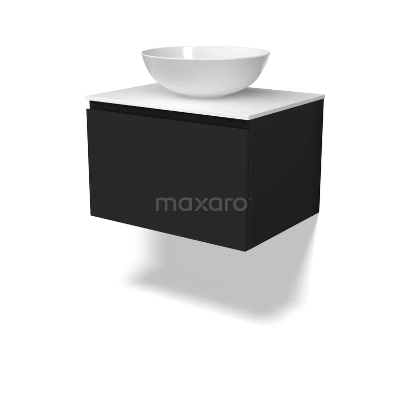 Modulo Plato Vanity units for countertop basin | 60 cm Matte black Handle-less front Solid surface worktop 1 drawer BMK11-03109 Zwarte badkamermeubel met mat witte wastafel en schuiflade, modern design van hout, perfect voor een stijlvolle badkamer inrichting.