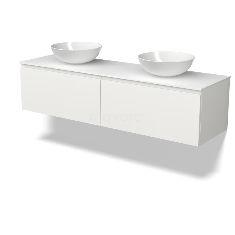 Modulo Plato Badkamermeubel voor waskom | 160 cm Mat wit Greeploos front Solid surface blad 2 lades naast elkaar BMK12-02312