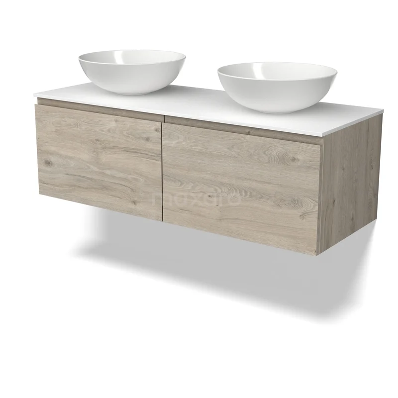 Modulo Plato Badkamermeubel voor waskom | 120 cm Lichtgrijs eiken Greeploos front Solid surface blad 2 lades naast elkaar BMK12-02359