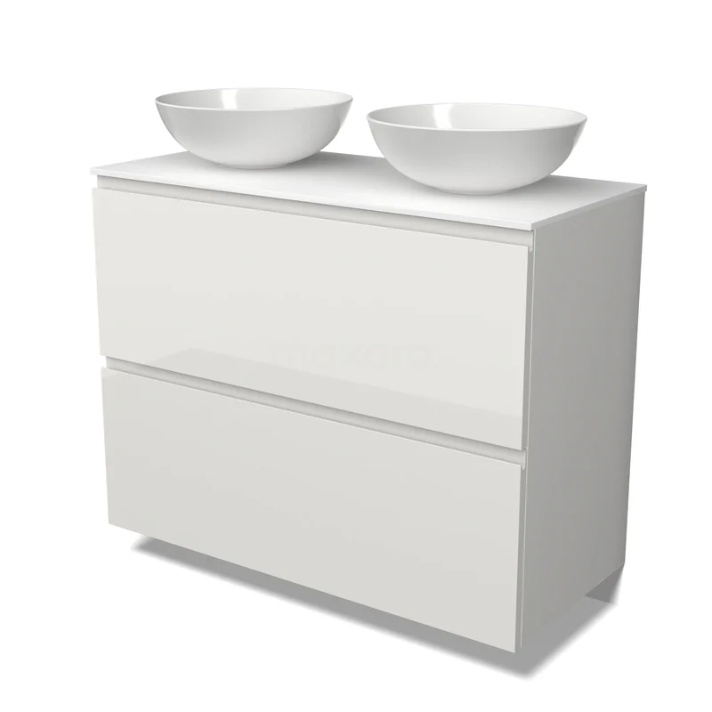 Möbel für Aufsatzwaschbecken BMK13-01314 Weißes Badezimmermöbel mit zwei runden Aufsatzwaschbecken, schlankes Design und glänzender Verarbeitung, ideal für einen modernen Badezimmerstil.