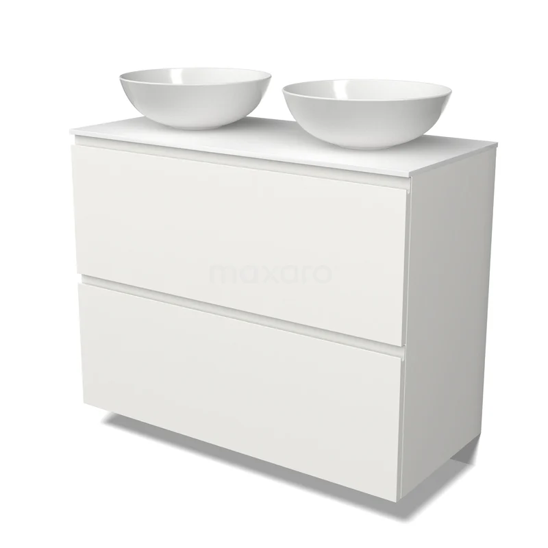 Modulo Plato Badkamermeubel voor waskom | 100 cm Mat wit Greeploos front Solid surface blad 2 hoge lades onder elkaar BMK13-01316