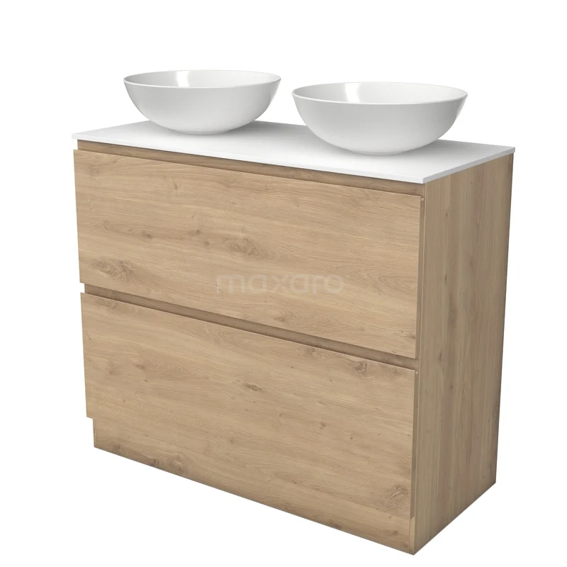 Modulo Plato Vanity units for countertop basin | 100 cm Light brown oak Handle-less front Solid surface worktop 2 high drawers standing drawers under each other BMK13S-00264 Badmeubel eikenhout met twee witte opzetwastafels, moderne uitstraling, ideaal voor een stijlvolle badkamerinrichting.