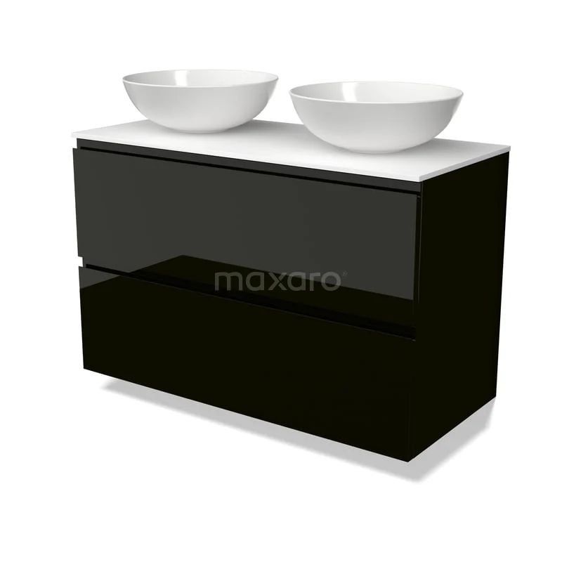 Modulo Plato Badkamermeubel voor waskom | 100 cm Hoogglans zwart Greeploos front Solid surface blad 2 lades onder elkaar BMK17-03650 Modulo Plato Badkamermeubel voor waskom | 100 cm Hoogglans zwart Greeploos front Solid surface blad 2 lades onder elkaar BMK17-03650