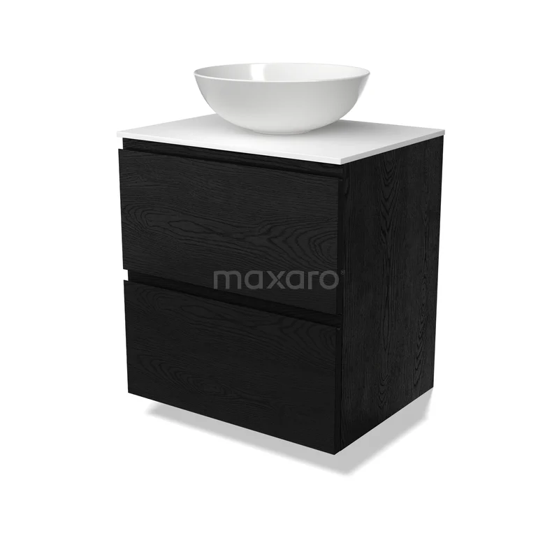 Modulo Plato Badkamermeubel voor waskom | 60 cm Zwart eiken Greeploos front Solid surface blad 2 lades onder elkaar BMK17-03740 Modulo Plato Badkamermeubel voor waskom | 60 cm Zwart eiken Greeploos front Solid surface blad 2 lades onder elkaar BMK17-03740