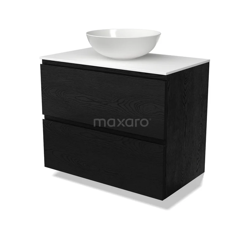 Modulo Plato Badkamermeubel voor waskom | 80 cm Zwart eiken Greeploos front Solid surface blad 2 lades onder elkaar BMK17-03741
