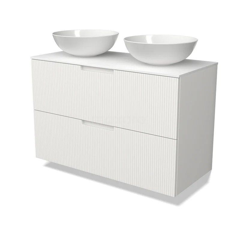 Möbel für Aufsatzwaschbecken BMK17-03761 Weißes Badezimmermöbel mit doppeltem Aufsatzwaschbecken, minimalistisches Design und geräumigen Schubladen. Perfekt für ein modernes Badezimmer.