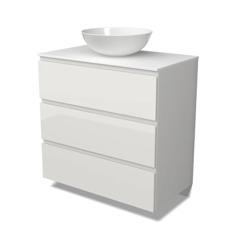 Modulo Plato Badkamermeubel voor waskom | 80 cm Hoogglans wit Greeploos front Solid surface blad 3 lades BMK19-01849 Modulo Plato Badkamermeubel voor waskom | 80 cm Hoogglans wit Greeploos front Solid surface blad 3 lades BMK19-01849