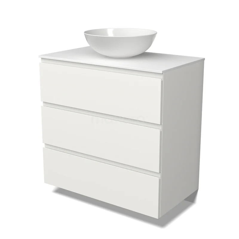 Witte badkamermeubelset met drie lades en een moderne ronde waskom bovenop, ideaal voor een strakke badkamerstijl.