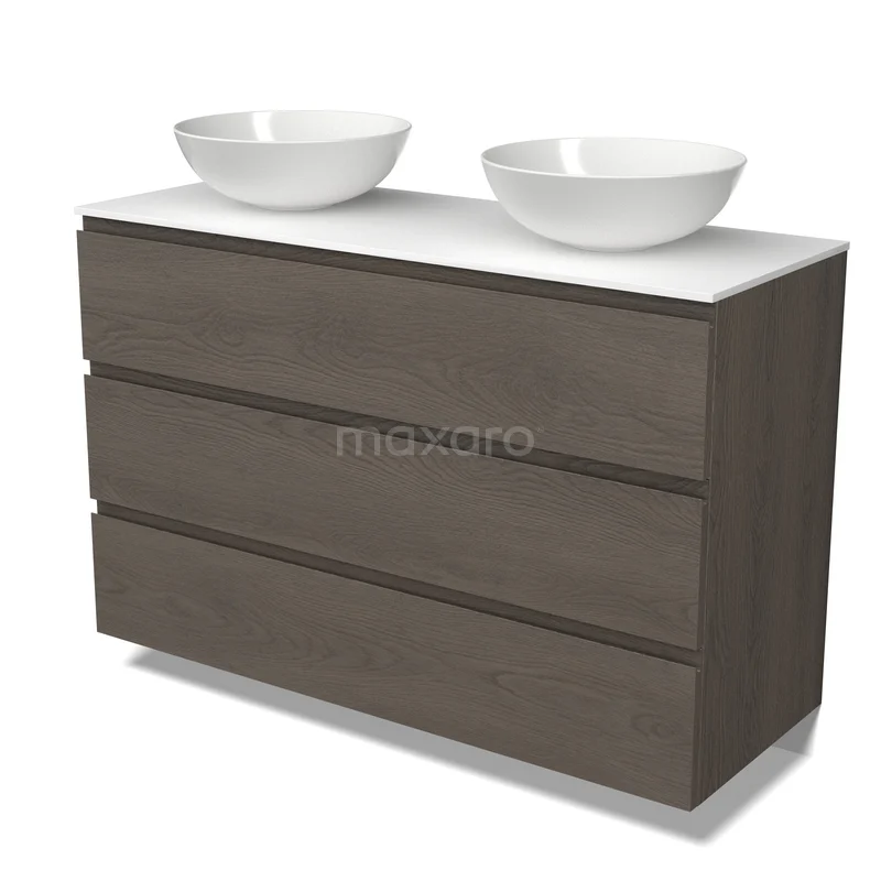 Modulo Plato Vanity units for countertop basin | 120 cm Dark brown oak Handle-less front Solid surface worktop 3 drawers BMK19-01907 Modulo Plato Vanity units for countertop basin | 120 cm Dark brown oak Handle-less front Solid surface worktop 3 drawers BMK19-01907