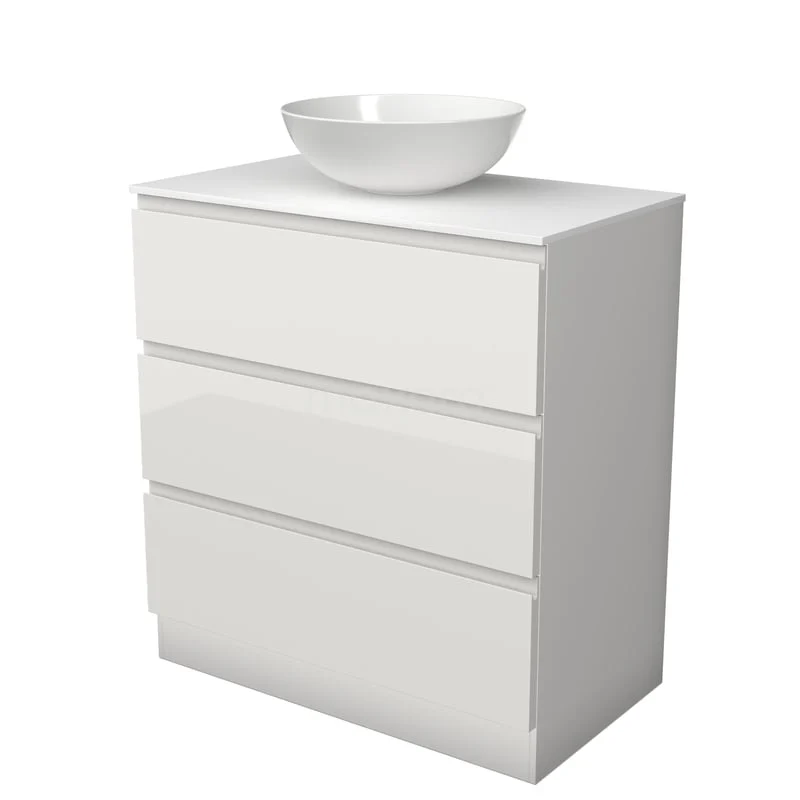 Modulo Plato Badkamermeubel voor waskom | 80 cm Hoogglans wit Greeploos front Solid surface blad 3 lades staand BMK19S-00382 Modulo Plato Badkamermeubel voor waskom | 80 cm Hoogglans wit Greeploos front Solid surface blad 3 lades staand BMK19S-00382