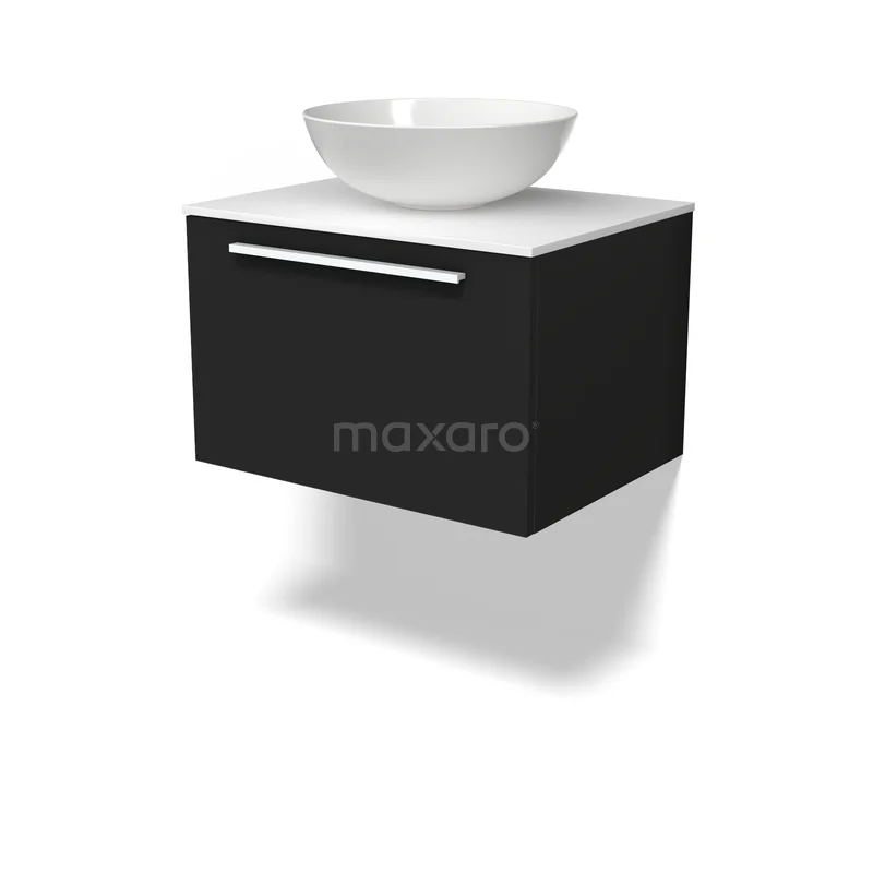Modulo Plato Vanity units for countertop basin | 60 cm Matte black Flat front Solid surface worktop 1 drawer BMK11-03108 Zwart hangend badkamermeubel met witte waskom, strak design, softclose lade, en hoogwaardig materiaal voor moderne badkamers.
