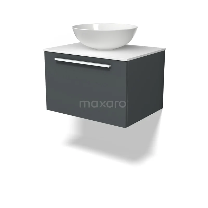 Möbel für Aufsatzwaschbecken BMK11-03129 Zwevende graue Badmöbel mit weißem komfömigen Waschbecken, straffes Design und metallischem Haltegriff.