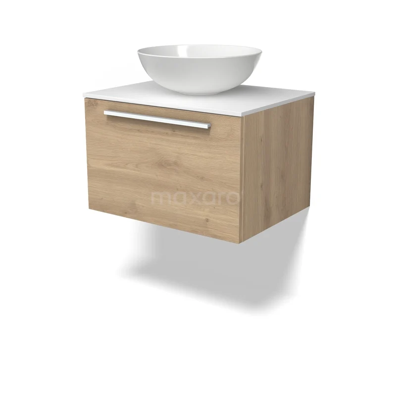 Modulo Plato Badkamermeubel voor waskom | 60 cm Lichtbruin eiken Vlak front Solid surface blad 1 lade BMK11-03151