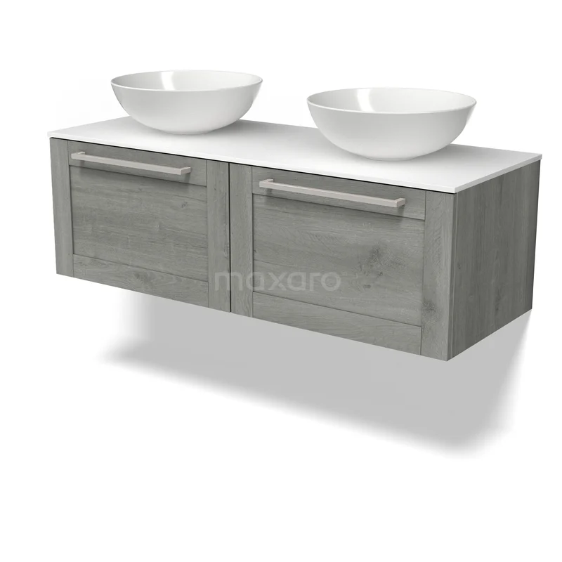Modulo Plato Vanity units for countertop basin | 120 cm Grey oak Bordered front Solid surface worktop 2 Side-by-side drawers BMK12-02282 Grey wooden bathroom furniture set with two sinks, white countertop and drawer handles, ideal for a modern bathroom style.