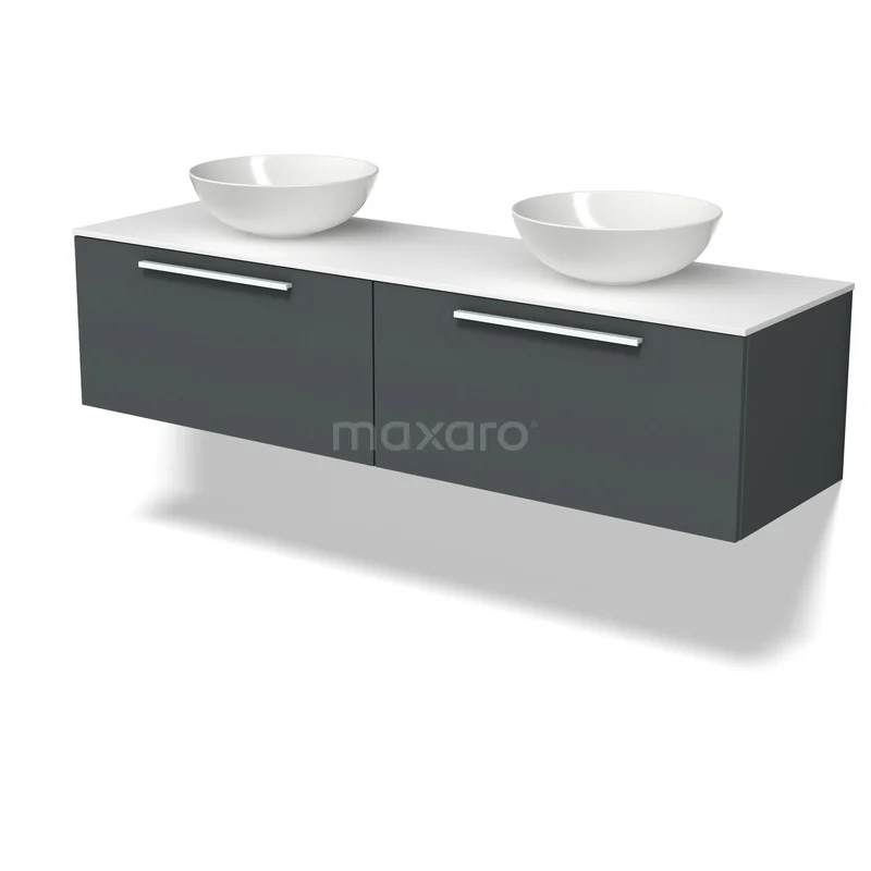 Modulo Plato Vanity units for countertop basin | 160 cm Dark grey Flat front Solid surface worktop 2 Side-by-side drawers BMK12-02313 Donkergrijze badkamermeubelset met dubbele wastafel, strakke designlook en witte keramische waskommen.