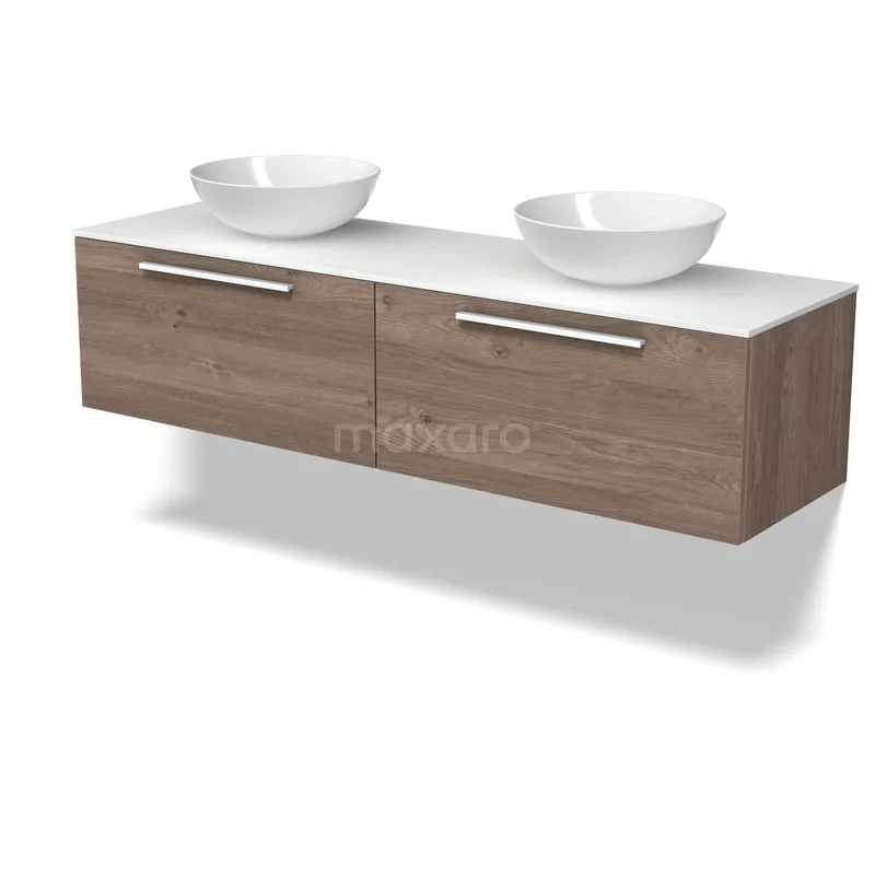 Modulo Plato Badkamermeubel voor waskom | 160 cm Middenbruin eiken Vlak front Solid surface blad 2 lades naast elkaar BMK12-02321 Modulo Plato Badkamermeubel voor waskom | 160 cm Middenbruin eiken Vlak front Solid surface blad 2 lades naast elkaar BMK12-02321