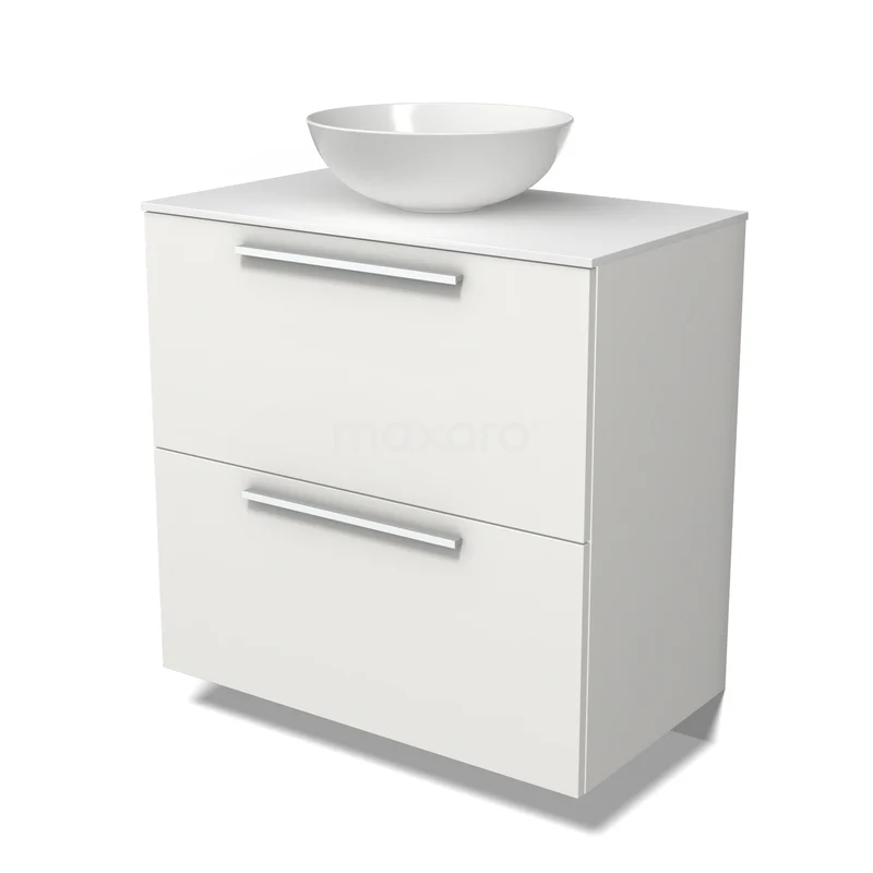 Modulo Plato Vanity units for countertop basin | 80 cm Matte white Flat front Solid surface worktop 2 stacked drawers under each other BMK13-01296 Wit badkamermeubel met waskom, gelakt MDF, 2 lades met metalen grepen, ideaal voor een moderne badkamerstijl.