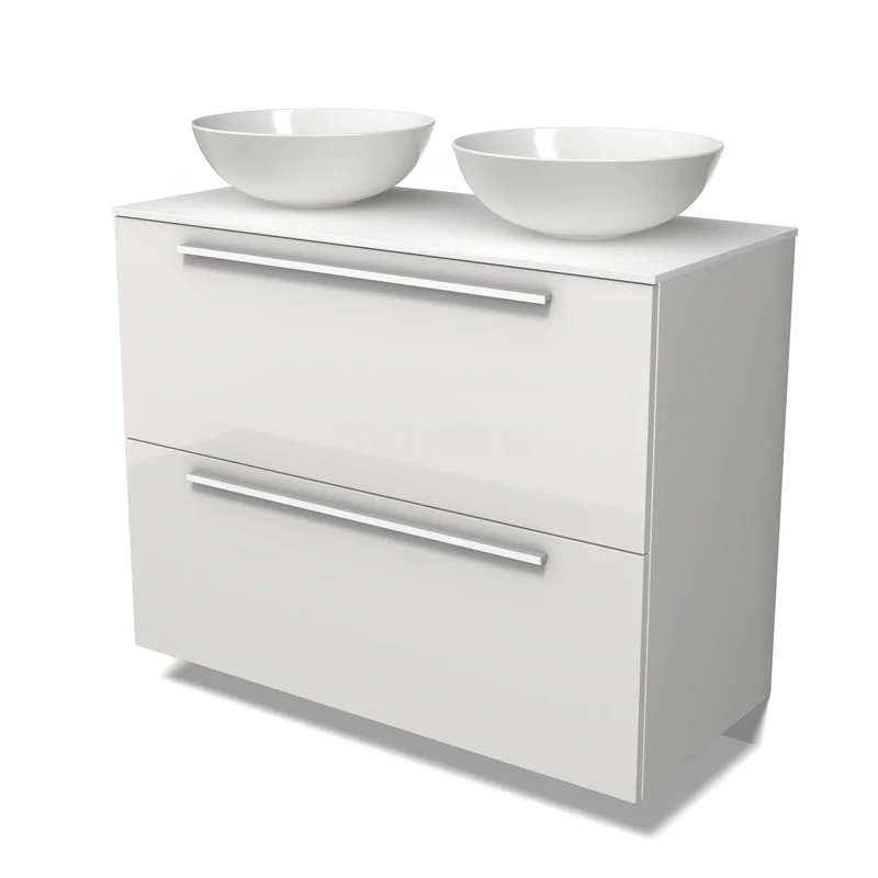 Möbel für Aufsatzwaschbecken BMK13-01313 Weiße Badmöbelset mit doppelten Aufsatzwaschbecken, modernem Design, glänzender Oberfläche und metallischen Haltegriffen.