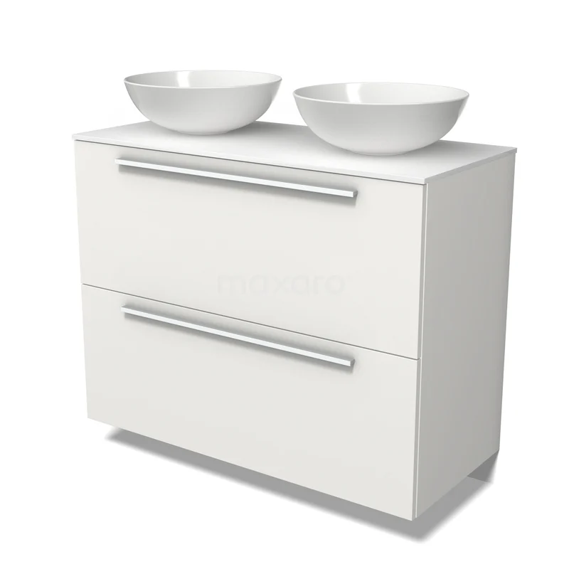 Möbel für Aufsatzwaschbecken BMK13-01315 Weißes Badezimmermöbel mit 2 Schubladenschränken und Doppelwaschbecken, modernes Design und metallene Haltegriffe passend für moderne Bäder.