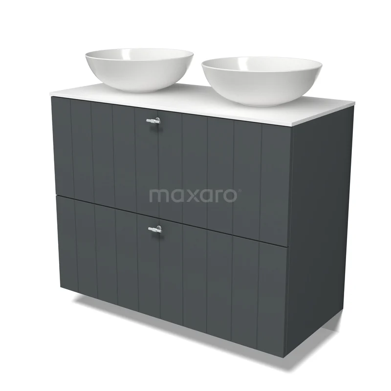 Modulo Plato Badkamermeubel voor waskom | 100 cm Donkergrijs Lamel front Solid surface blad 2 hoge lades onder elkaar BMK13-01318