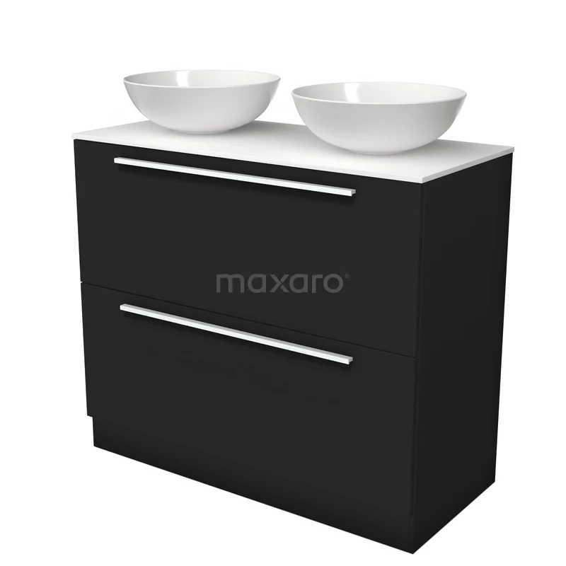 Modulo Plato Badkamermeubel voor waskom | 100 cm Mat zwart Vlak front Solid surface blad 2 hoge lades onder elkaar staand BMK13S-00258 Modulo Plato Badkamermeubel voor waskom | 100 cm Mat zwart Vlak front Solid surface blad 2 hoge lades onder elkaar staand BMK13S-00258