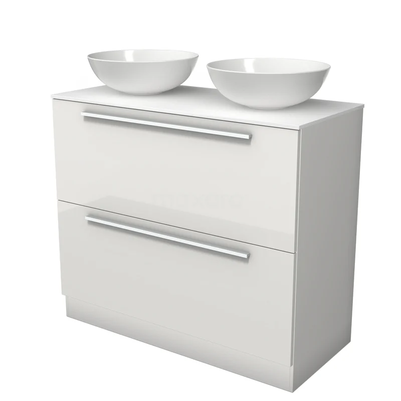 Modulo Plato Badkamermeubel voor waskom | 100 cm Hoogglans wit Vlak front Solid surface blad 2 hoge lades onder elkaar staand BMK13S-00260 Modulo Plato Badkamermeubel voor waskom | 100 cm Hoogglans wit Vlak front Solid surface blad 2 hoge lades onder elkaar staand BMK13S-00260