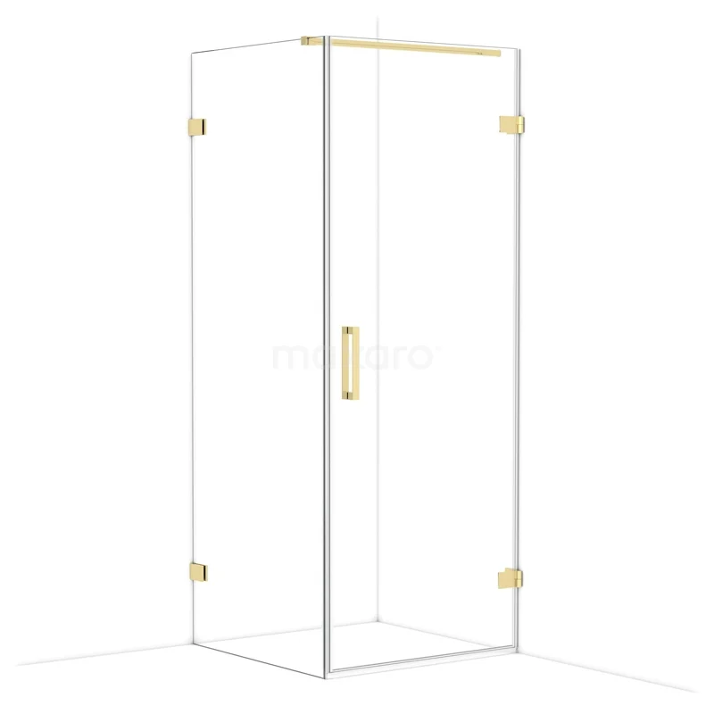 Glazen douchecabine met goudkleurige accenten, hoekmodel met strakke lijnen, perfect voor een moderne badkamer inrichting.