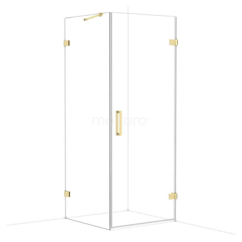 Glazen douchecabine met gouden beslag en hoekinstap, minimalistisch design geschikt voor moderne badkamers.