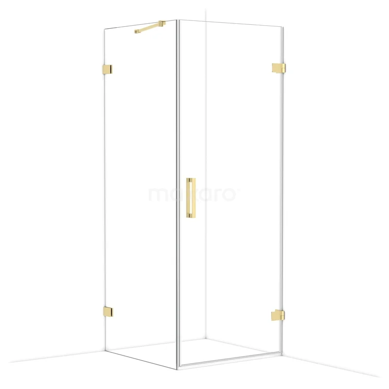 Glazen douchecabine met goudkleurige details, hoekvormig ontwerp, ideaal voor moderne badkamerinrichting.