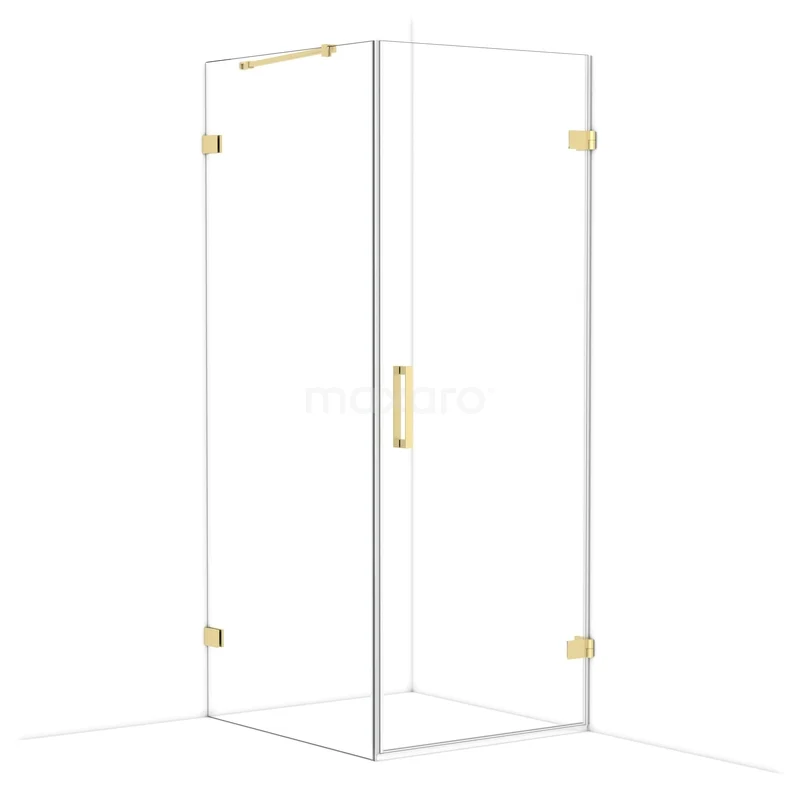 Douchecabine met helder glas, goudkleurige afwerkingen en minimalistisch design, perfect voor een luxe badkamer.