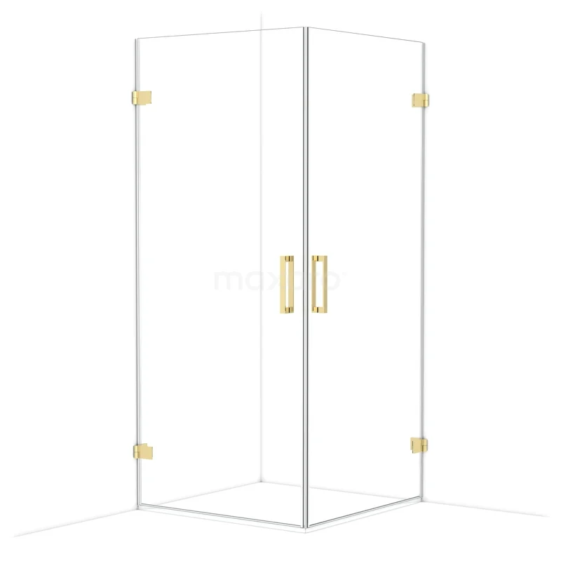Glazen douchecabine hoekmodel met goudkleurige metalen details, minimalistisch ontwerp geschikt voor moderne badkamers.