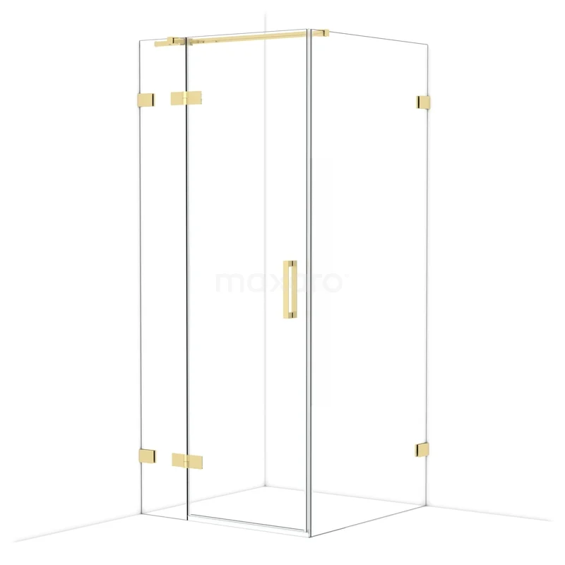 Diamond Shower enclosure | 90x90 cm Glanzend lichtgoud Clear glass Pivot door Square CDB213609320GLG Glazen douchecabine met goudkleurige accenten, hoekvormig ontwerp en elegante details, ideaal als luxe badkameroplossing.