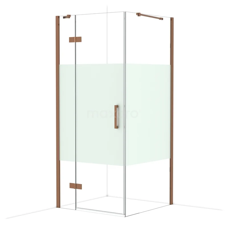 Diamond Shower enclosure | 90x90 cm Shiny copper Clear with matt strip Pivot door Square CDB213609413GKP Douchecabine met hoekinstap, glazen wanden en houten accenten, ideaal voor een moderne badkamer.