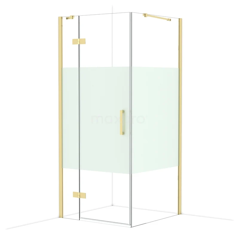 Diamond Shower enclosure | 90x90 cm Glossy light gold Clear with matt strip Pivot door Square CDB213609413GLG Glazen hoekdouche met goudkleurige profielen, transparant veiligheidsglas en moderne uitstraling voor een stijlvolle badkamer.
