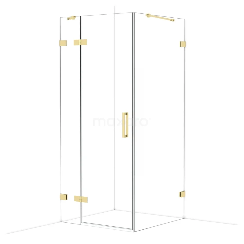 Diamond Shower enclosure | 90x90 cm Glossy light gold Clear glass Pivot door Square CDB213609420GLG Glass shower cabin with gold-coloured hinges and handle, square design, ideal for a luxury bathroom.