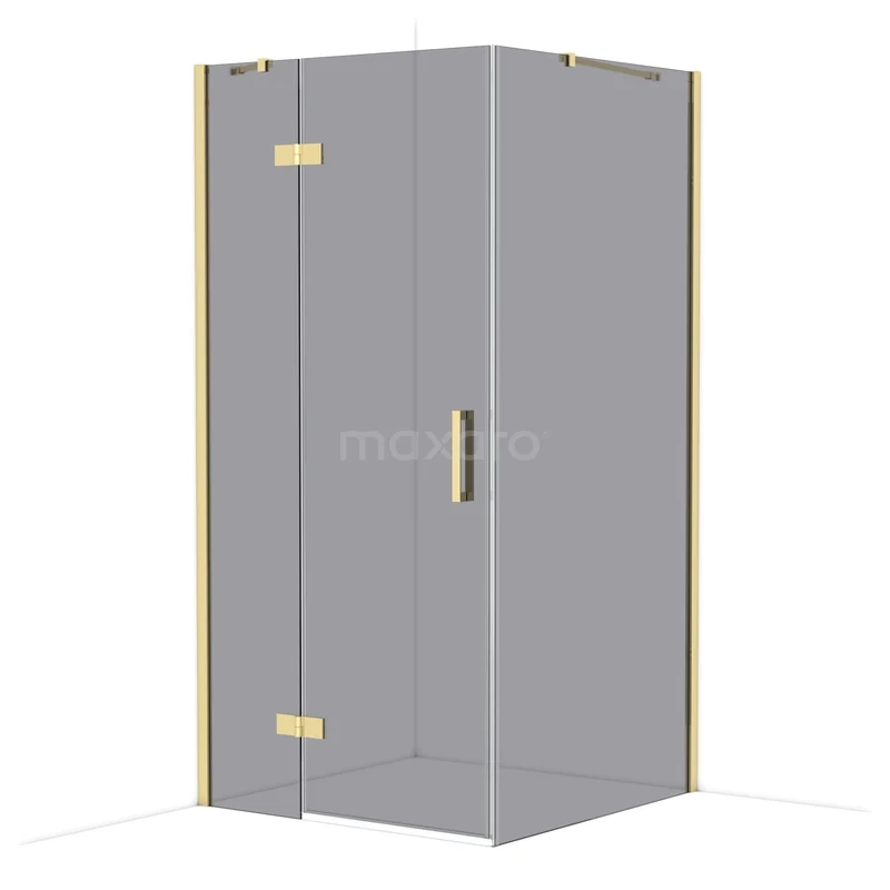 Diamond Shower enclosure | 100x100 cm Glanzend lichtgoud Smoke glass Pivot door Square CDB214610411GLG Glazen douchecabine met gouden accenten, hoekmodel, voor een luxe badkamer uitstraling.