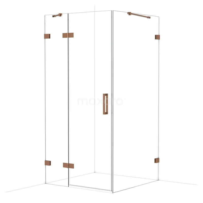 Diamond Shower enclosure | 100x100 cm Shiny copper Clear glass Pivot door Square CDB214610420GKP Douchecabine van helder glas met hoekinstap, goudkleurige scharnieren en handgreep voor een moderne badkamerstijl.