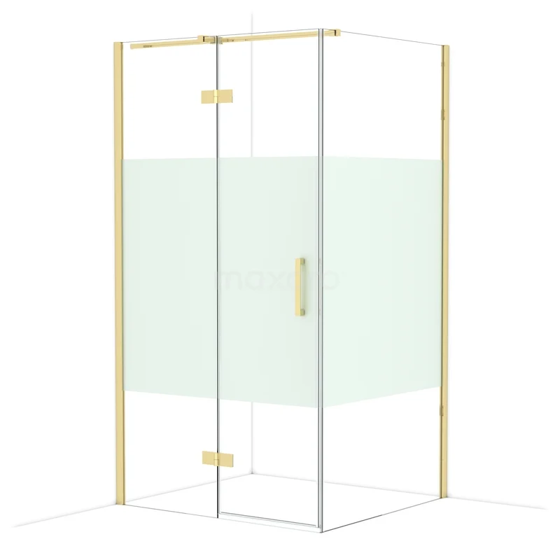 Diamond Shower cabin | 110x100 cm Shiny light gold Clear with matt strip Pivot door Rectangle CDB216510313GLG Golden corner shower cabin with glass doors and matte white panel, stylish bathroom design of premium quality.