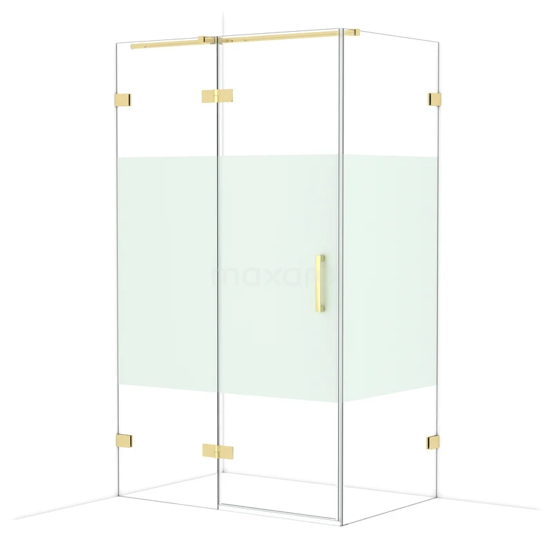 Diamond Shower enclosure | 120x80 cm Shiny light gold Clear with matt strip Pivot door Rectangle CDB216608323GLG Glass shower cabin with gold finish, corner model, clear glass and a frosted privacy panel.