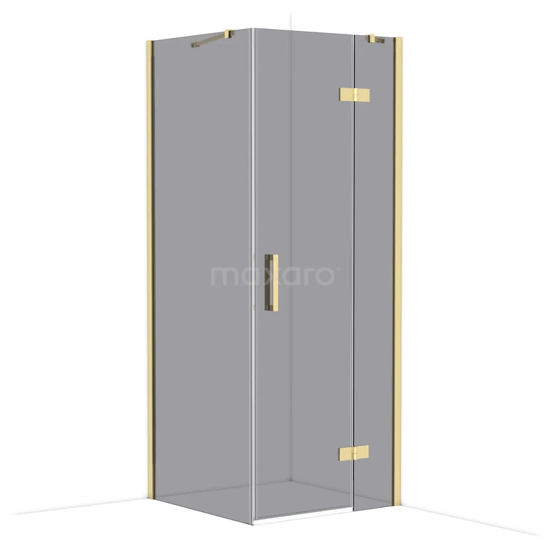 Diamond Shower enclosure | 80x80 cm Glanzend lichtgoud Smoke glass Pivot door Square CDB223508411GLG Grijze glazen douchecabine met goudkleurige accenten en hoekontwerp, ideaal voor moderne badkamers.